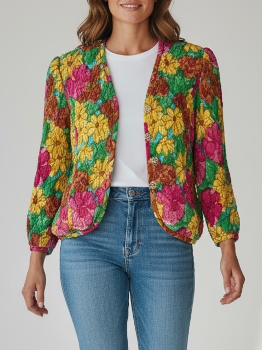 Vintage‎ Rickie Freeman Teri Jon 100% Silk Floral Zip Jacket Sz 10